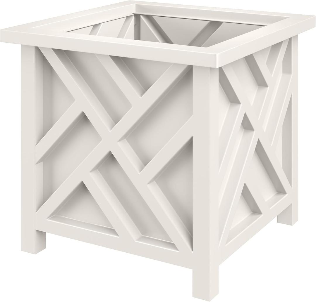 Lattice Design Outdoor Planter Box - 15.5 Square White Plant Pot - Decorative Plant Pots for Front Porch Decor - Flower Pots Outdoor Planters for Porch Patio or Garden Decor by Pure Garden