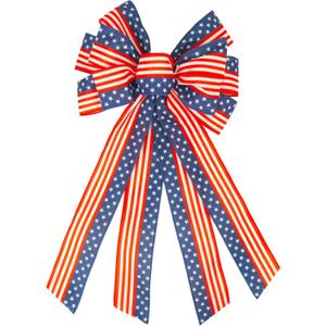Large Patriotic Wreath Bow 4th of July Decor Patriotic Star and Stripe America Flag Bow for Indoor Outdoor Memorial Day Christmas Party Front Door Wall Decoration (Style 1, 11.4 x 20.8 in)