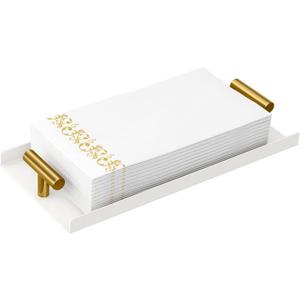 Napkin Holder for Bathroom, Guest Towel Holder Tray for Bathroom, White Guest Napkin Holders with Golden T-Handle, Disposable Hand Towel Tray for Guest Room, Table, Kitchen