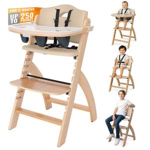 Abiie Beyond Junior Wooden High Chair with Tray - Adjustable and Convertible High Chair for Babies and Toddlers - 6 Months to 250 Lb - Water Resistant - Natural Wood with Beige Cushion