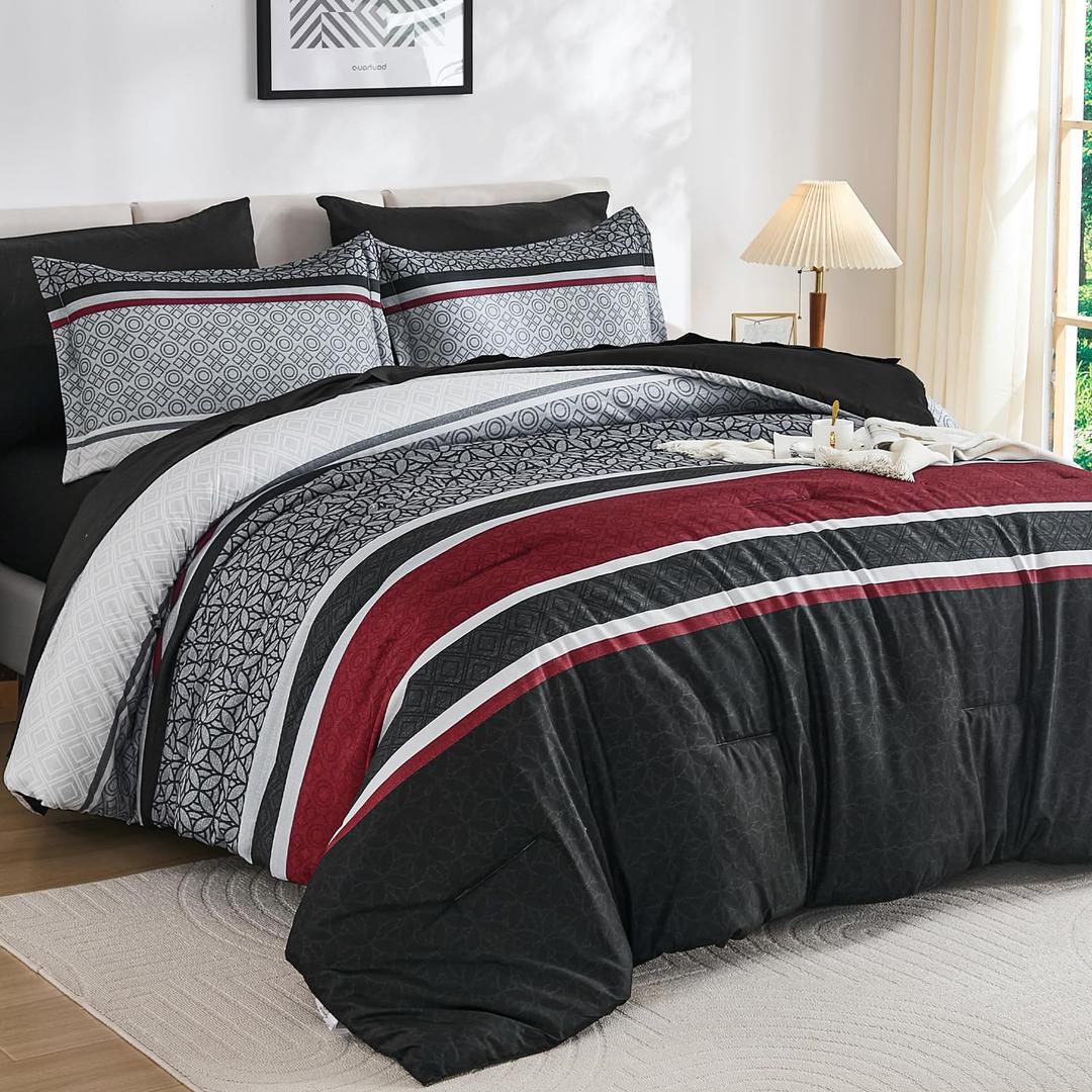 7 Pieces Queen Size Comforter Set Black-red Boho Striped Bed in a Bag