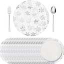 Vesici 50 Pcs Silver Snowflake Placemats 13 Inch Snowflake Winter Round Place Mats Metallic Glitter Foil Mesh Table Mat for Holiday Christmas Home Party Decoration