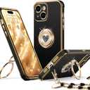 XYZ for iPhone 15 Case with Stand, Phone Case with Double Ring Kickstand, Women Girls Bling Luxury Protective Case Heart for iPhone 15, Black
