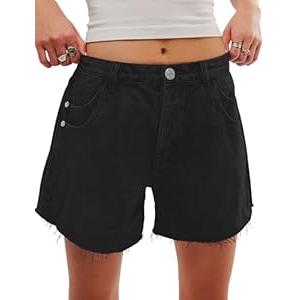Womens Jean Shorts Mid Waist Stretchy Denim Shorts Women Raw Hem with 6 Pockets (8, Black)