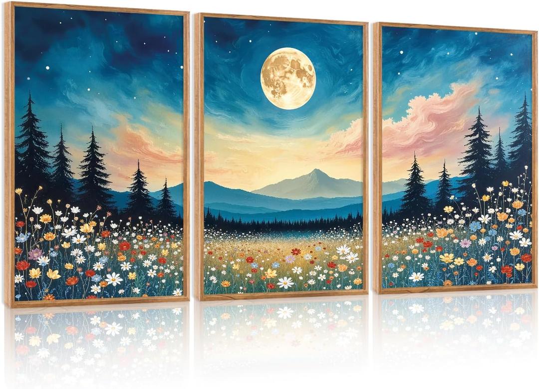HOURIA 3Pcs Nature Mountain Forest Landscape Canvas Wall Art (16"x24"), Abstract Mystical Moonlight Wildflowers Wall Decor,Framed Colorful Wilderness Field Botanical Art Print for Bedroom Office Living Room Farmhouse (Multicolored)