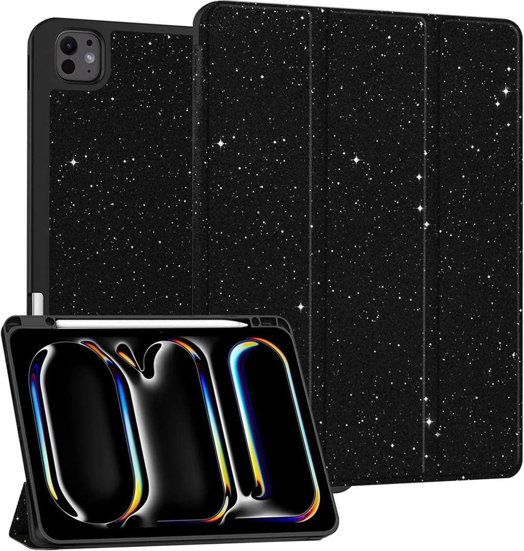 Compatible with iPad Pro 13 Inch Case (M5/M4) 2025/2024 with Pencil Holder TPU Back Case Auto Sleep/Wake Cover for Girls Women Men Cute Preppy Cool-Black Glitter Sparkly