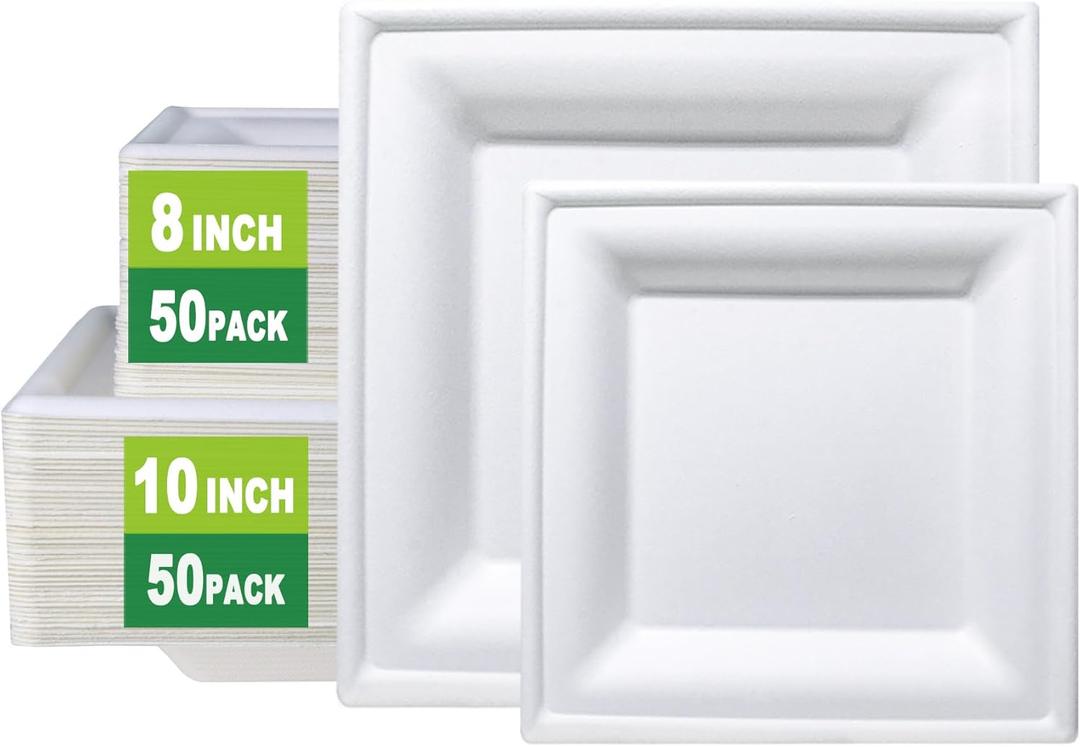 GreenWorks 8 inch and 10 inch Compostable Plates (each 50 Count), 100 Count Bagasse and Bamboo Fiber Disposable Paper Plates