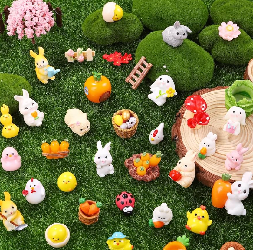 56 Pcs Easter Mini Resin Figures 56 Style Little Figures to Hide Tiny Small Bunny Chick Basket Carrot Bulk Miniature Figurines for Easter Egg Fillers Party Favors Fairy Garden Dollhouse Table Decor