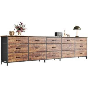 Huuger 86.6 Inch Dresser for Bedroom, TV Stand for 65, 75, 85 Inch TV, 15 Fabric Drawer Long Dresser, Large Entertainment Center for Bedroom, Wide Chest of Drawer with Storage, Rustic Brown, 11.8"D x 86.6"W x 26.8"H