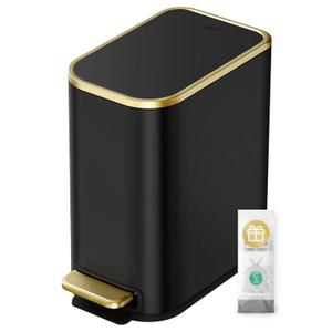 Cesun Small Bathroom Trash Can with Lid Soft Close, 5 Liter/1.3 Gallon Stainless Steel Garbage Can with Removable Inner Bucket, Step Pedal, Slim Waste Basket for Toilet, Office, Bedroom (Black&Gold)