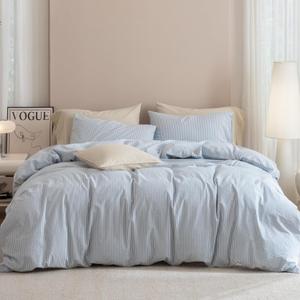 JIYUAN 100% Washed Cotton Pinstripe Duvet Cover Set King Size 104"x90", Linen-Like Soft Breathable Durable Bedding Set with Zipper Closure, All Season, Cornflower Blue/White