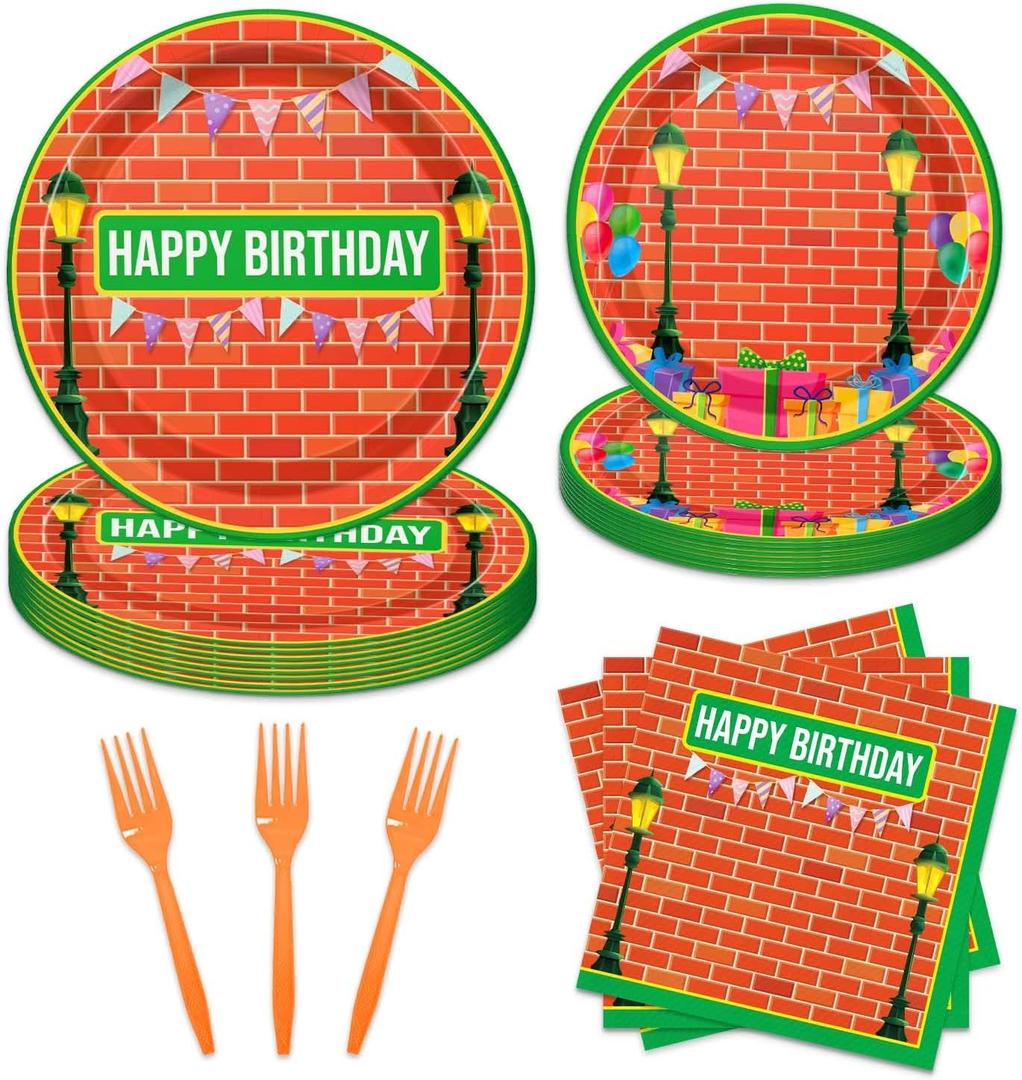 96Pcs Sesame Friends Birthday Party Supplies,include Dessert plate Plate Napkin and Forks,Disposable tableware set Serves 24 Guests,Used for Cookie Party Decoration