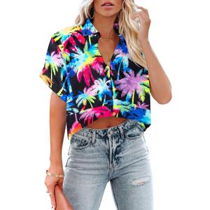 Cropped Hawaiian Shirts for Women Hawaii Tropical Button Down Tops Floral Tropic Print Summer Beach Outfits (S)