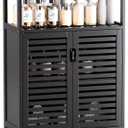 HITNET Bathroom Storage Cabinet, Bamboo Floor Cabinet with Double Doors and Open Shelf, Freestanding Cupboard for Living Room, Kitchen, Entryway, Black, Large