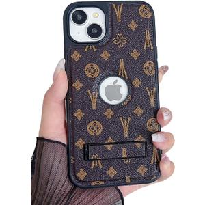 Compatible with iPhone 14 Case Designer for Women Girls Luxury Leather Case Logo View with Metal Stand Shockproof Protective Phone Cover for iPhone 14-6.1(Brown)