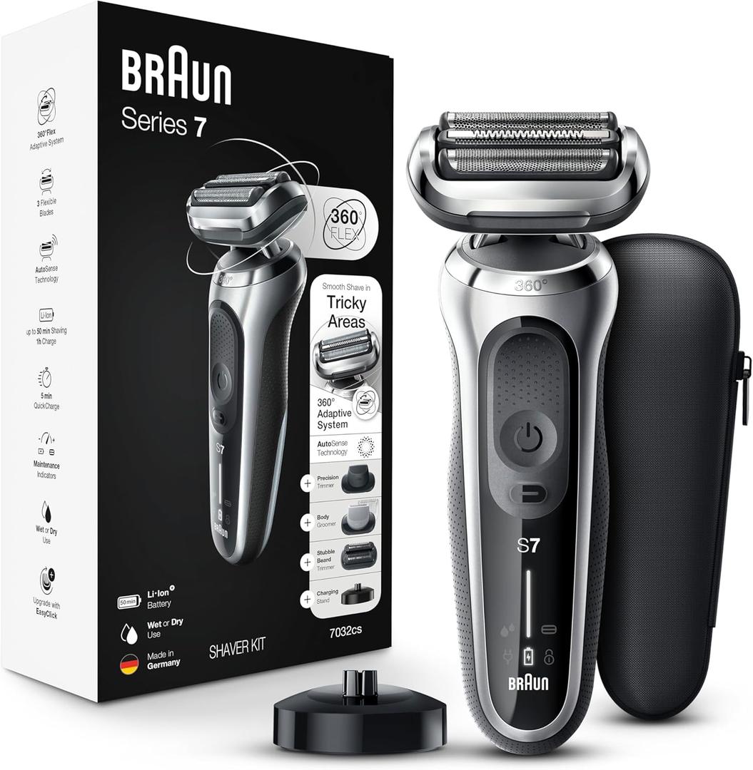 Braun Series 7 7032cs Flex Electric Razor for Men, Wet & Dry, Electric Razor, Rechargeable, Cordless Foil Shaver with Beard Trimmer and Charging Stand, Silver (11 Piece Set)
