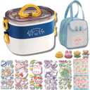 Kawaii Bento Box Bento Lunch Box with Lunch Bag,Tableware,Biscuit bags,2 Layers Stacked Leakproof Cute Lunch Box,for Travel,Office,Gym. (Blue)