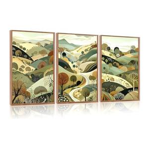 Aurlan Abstract Mountain Landscape Wall Art Set(16”x24”), 3 Pieces Green Forest Nature Framed Canvas Artwork, Large Boho Minimalist Watercolor Scenery Wall Decor for Office Bedroom Living Room