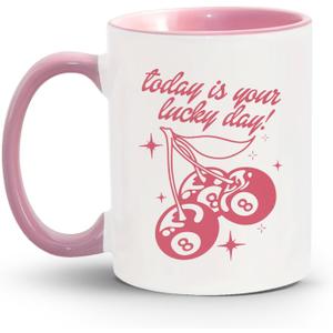 JKMBN Trendy Pink Cherry Coffee Mug, Retro Magic 8 Ball Ceramic Coffee Mugs, Preppy Coffee and Tea Cup, Coquette Gifts for Women Girls, 11oz Ceramic Cup Pink