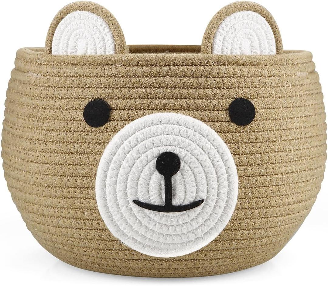 PandaEar Cotton Rope Baby Basket, Baby Gift Basket Nursery Laundry Organizer with Cute Bear Design for Storage Infant Newborn Essentials, Diaper Caddy with Handle (Brown)