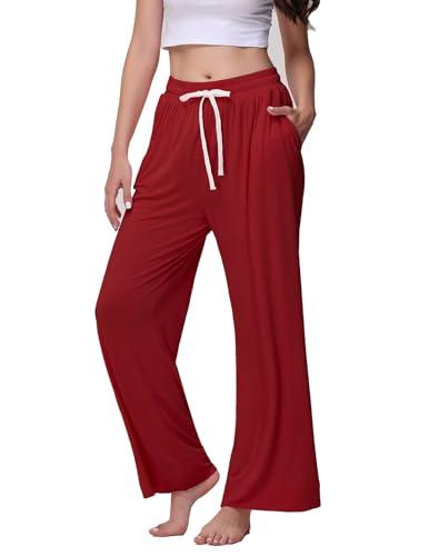 Veseacky Christmas Womens Pajama Pants Cozy Soft Sleepwear Loose Fit Elastic Waist Bottoms with Pockets(Wine Red,M)