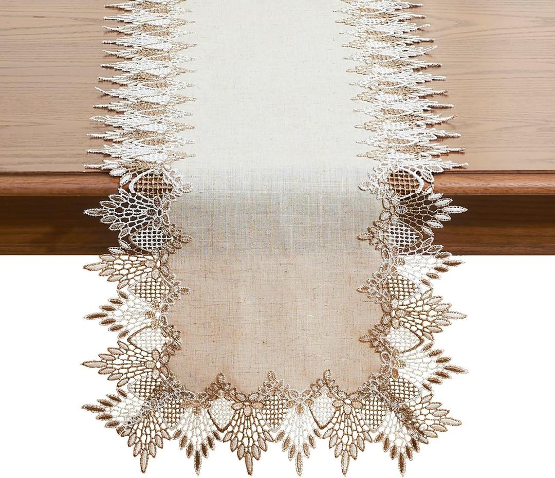 Natural Linen Table Runner 72 inches Neutral Earth Tones Beige Lace Coffee Table Runners Dresser Scarf for Easter Spring Summer Kitchen Wedding Party, Machine Washable (Natural, 16”x72”)