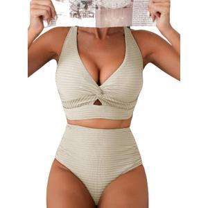 Herseas Women's Textured Bikini Sets Twist Front Top Swimsuits High Waisted Bathing Suits (Beige, L)