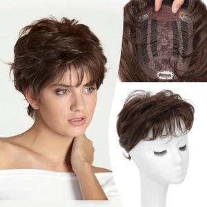 UDU Short Pixie Cut Hair Topper for Women Toppers for Women with Thinning Hair, Soft, Lightweight, and Easy to Apply for a Chic Look (Rich Chestnut Brown with Highlights)