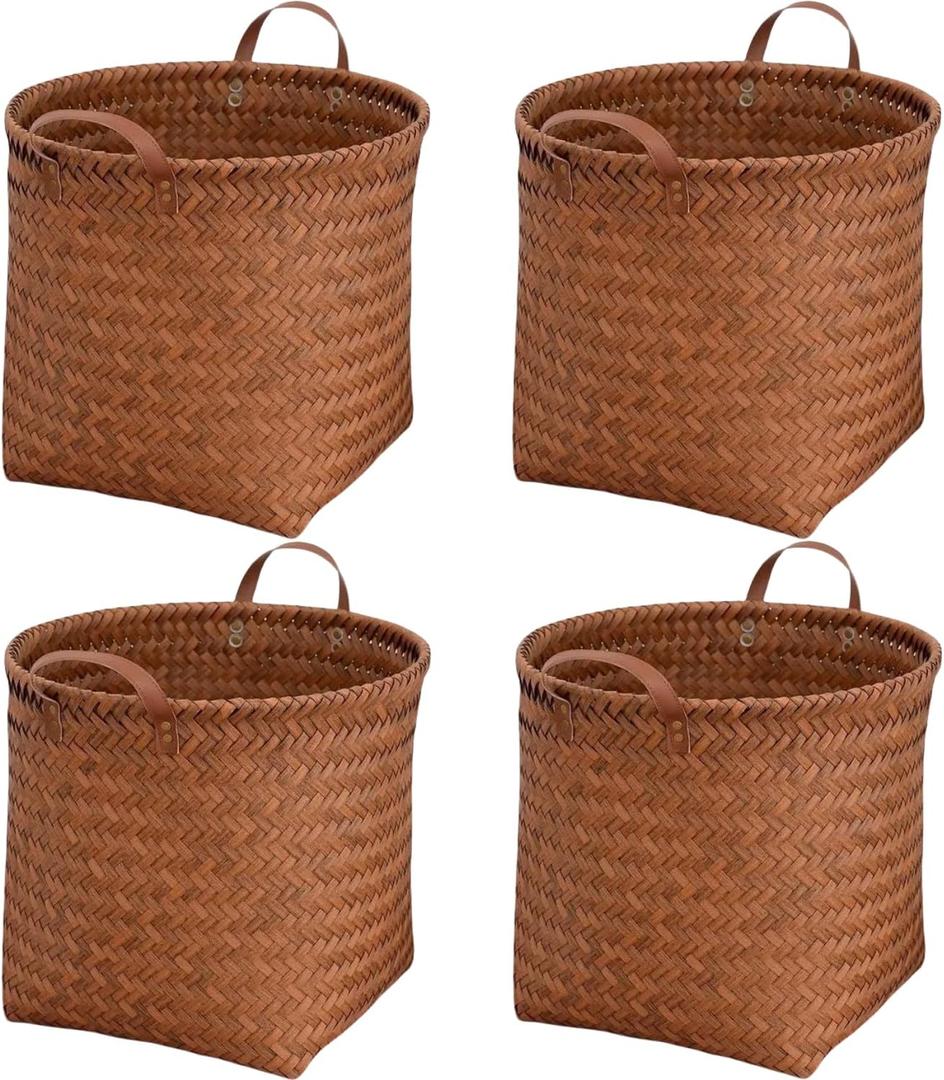 GIB Wicker Storage Baskets for Shelves, 11"x12" Round Woven Storage Cube Bins Organizer, Faux Rattan Wicker Blanket Basket for Organizing Clothes Toys Laundry Closet, 4 Pack, Brown (Medium)