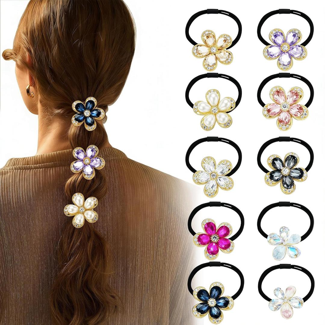 CWJCYTNSN 10 Pcs Flower Hair Cuff Ponytail Holders Black Elastic Hair Ties for Women Girls Cute Elegant Colorful Rhinestone Hair Accessories for Thick Thin Hair