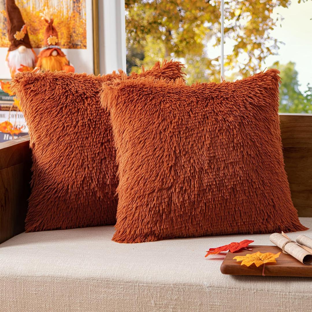 MIULEE Pack of 2 Fall Luxury Faux Fur Throw Pillow Cover Deluxe Decorative Plush Pillow Case Cushion Cover Shell for Sofa Bedroom Car 18 x 18 Inch Rust Orange