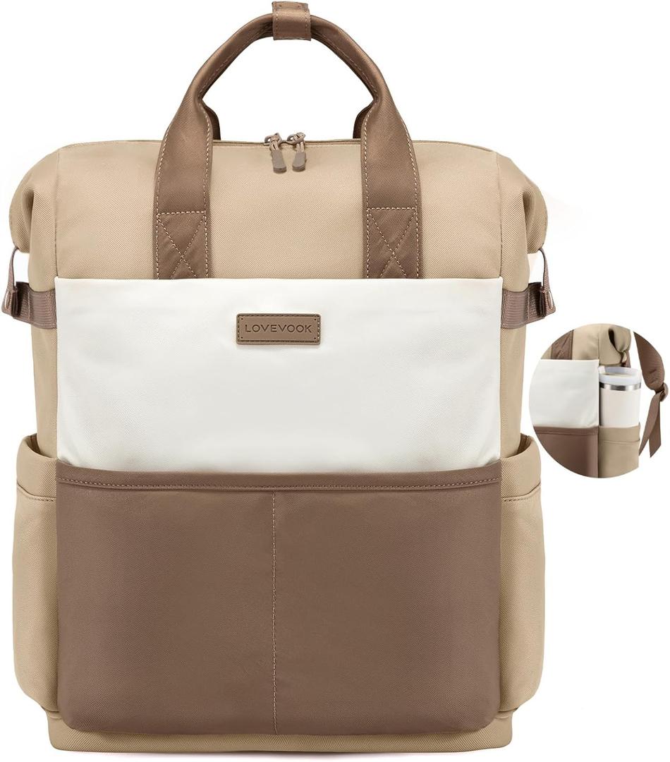 LOVEVOOK Laptop Backpack for Women, 15.6 Inch Work Travel Backpack Purse for School College Bookbag for Teen Girls Cute Computer Backpack for Teacher Nurse Business, Coffee-Beige