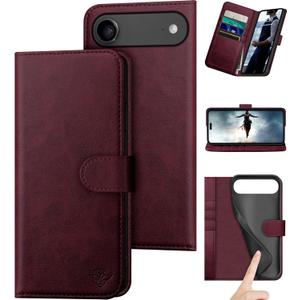 DuckSky Compatible with iPhone Air 6.5" Genuine Leather Wallet caseRFID Blocking4 Credit Card HolderReal Leather Flip Phone case Cover Women Men for Apple iPhone 17 Air case Wine Red
