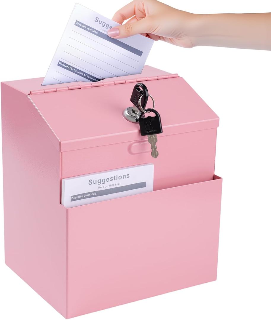 Suggestion Box with Slot and Lock & 50 Suggestion Sheets Wall Mounted Comment Ballot and Donation Box with Lock Steel Pink