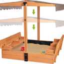 Kids Wooden Outdoor Sandbox w/Canopy, 2 Foldable Bench Seats, Retractable Roof Sand Protection Liner 47x47-Inch