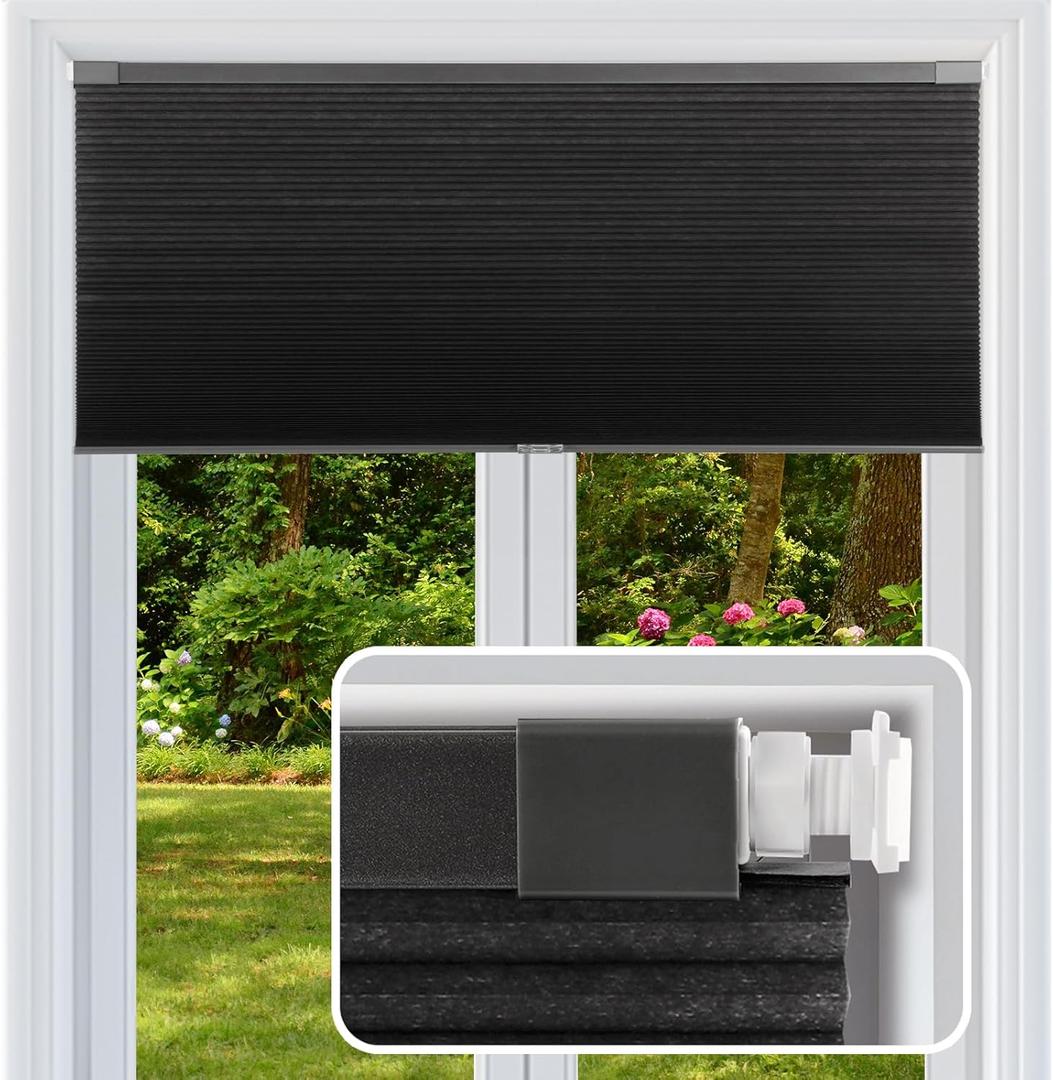 Cordless Cellular Shades, No Drill No Tools Light Filtering Honeycomb Shades, Pleated Blinds for Windows, Easy to Install, Black 34" W x 64" H