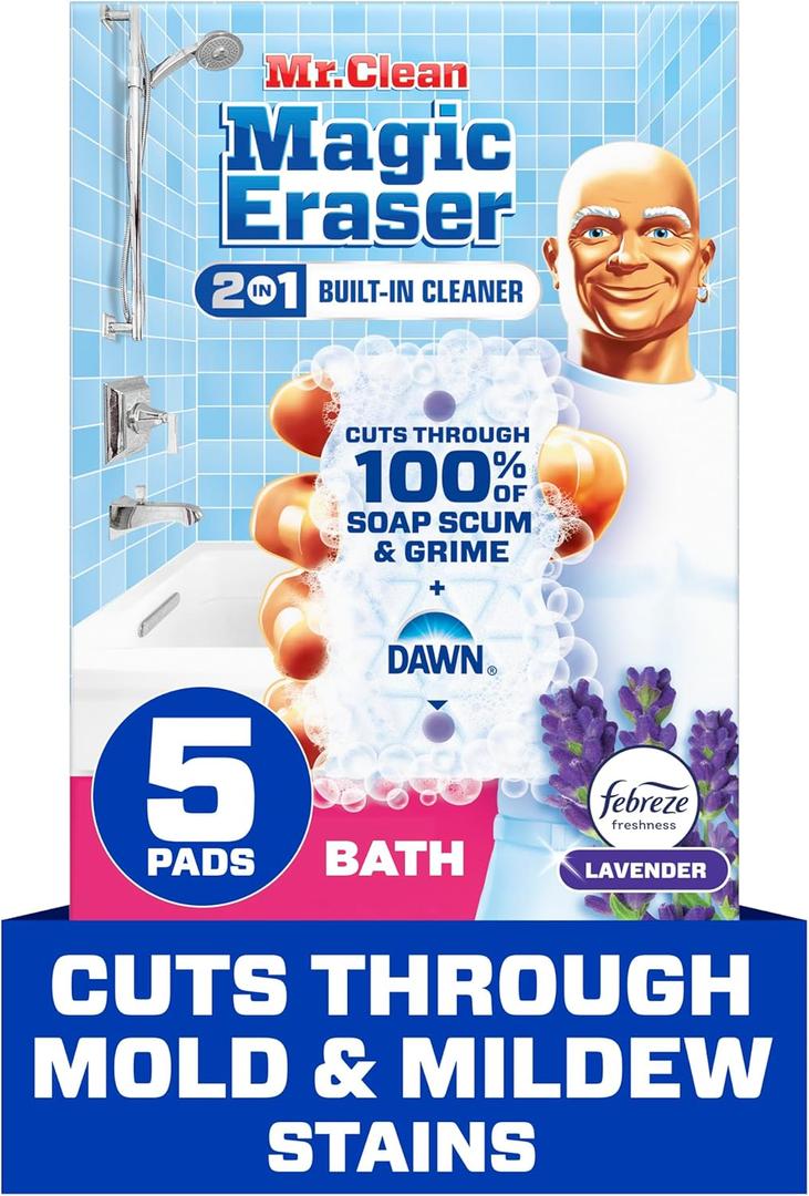 Mr. Clean Magic Eraser Sponge, Bathroom Cleaner, Shower Cleaner, Tub Cleaner, Soap Scum Remover, Bathroom Cleaning Supplies, Dawn Cleaning Power with Febreze Lavender Scent, 5ct (5 Count (Pack of 1))