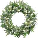 32" Extra Full Eucalyptus Wreath for Front Door, Realistic Baby's Breath Greenery Wreath, Year-Round Farmhouse Decor for Indoor, Outdoor, Porch, Entryway & Wall, Wedding Home Accent