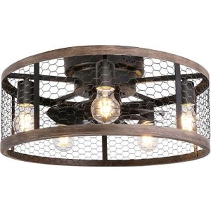 Ohniyou 20'' Flush Mount Caged Ceiling Fan with Lights Remote Control, Farmhouse Rustic Low Profile Small Vintage Enclosed Ceiling Fan Lighting Fixture Bedroom Dining Room