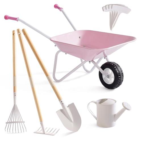 ROBUD Kids Wheelbarrow with Gardening Tools Set-9pcs Metal Toddler Wheelbarrow, Garden Tools, Watering Can, Plant Labels– Child Outdoor Toy for Ages 3+, Christmas Birthday Gifts for Boys Girls(Pink)