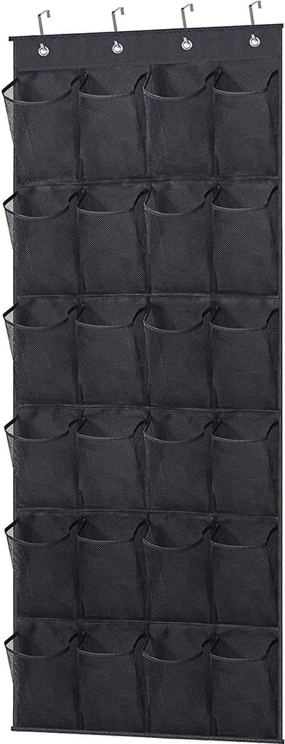 MISSLO Over The Door Shoe Rack for Door with 24 Large Mesh Pockets Size 13 Fitted Hanging Shoe Organizer Sturdy Closet Shoe Storage Holder, Black