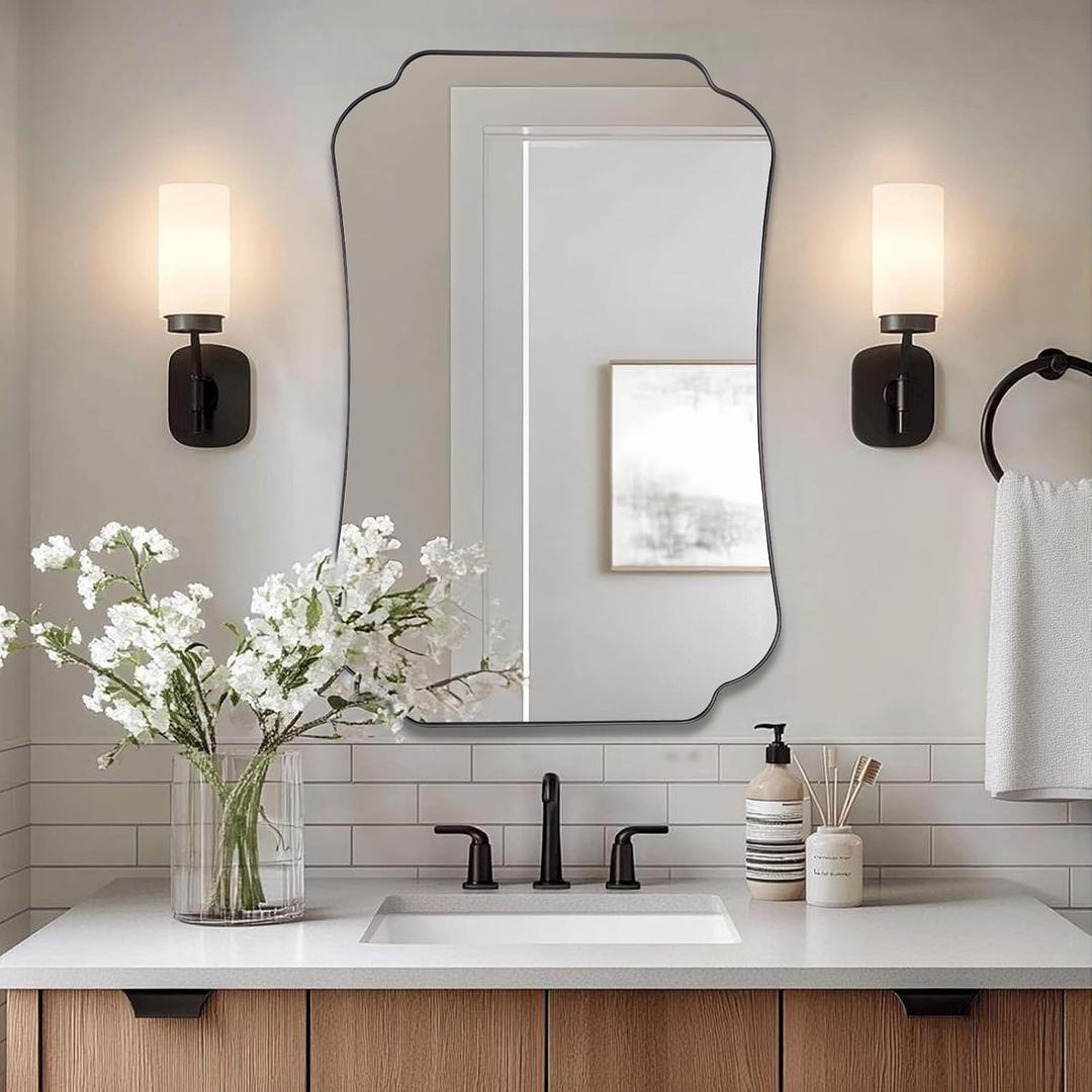 Bathroom Vanity Mirror, 24x36 Matte Black Rectangle Mirror with Scalloped Round Corner, Vintage Asymmetrical Metal Wall Mirror for Entryway, Living Room