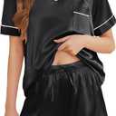 Silk Pajamas for Women Short Sleeve Satin 2 Piece Pj Set Soft V Neck Sleepwear Loungewear, S-XXL (Large, Black)
