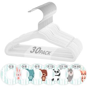 VIS'V Baby Hangers, 11 Inch Velvet Kids Hangers with 6 Pcs Clothes Size Dividers, Infant Toddler Nursery Closet Organization, Non Slip, White, 30 Pcs