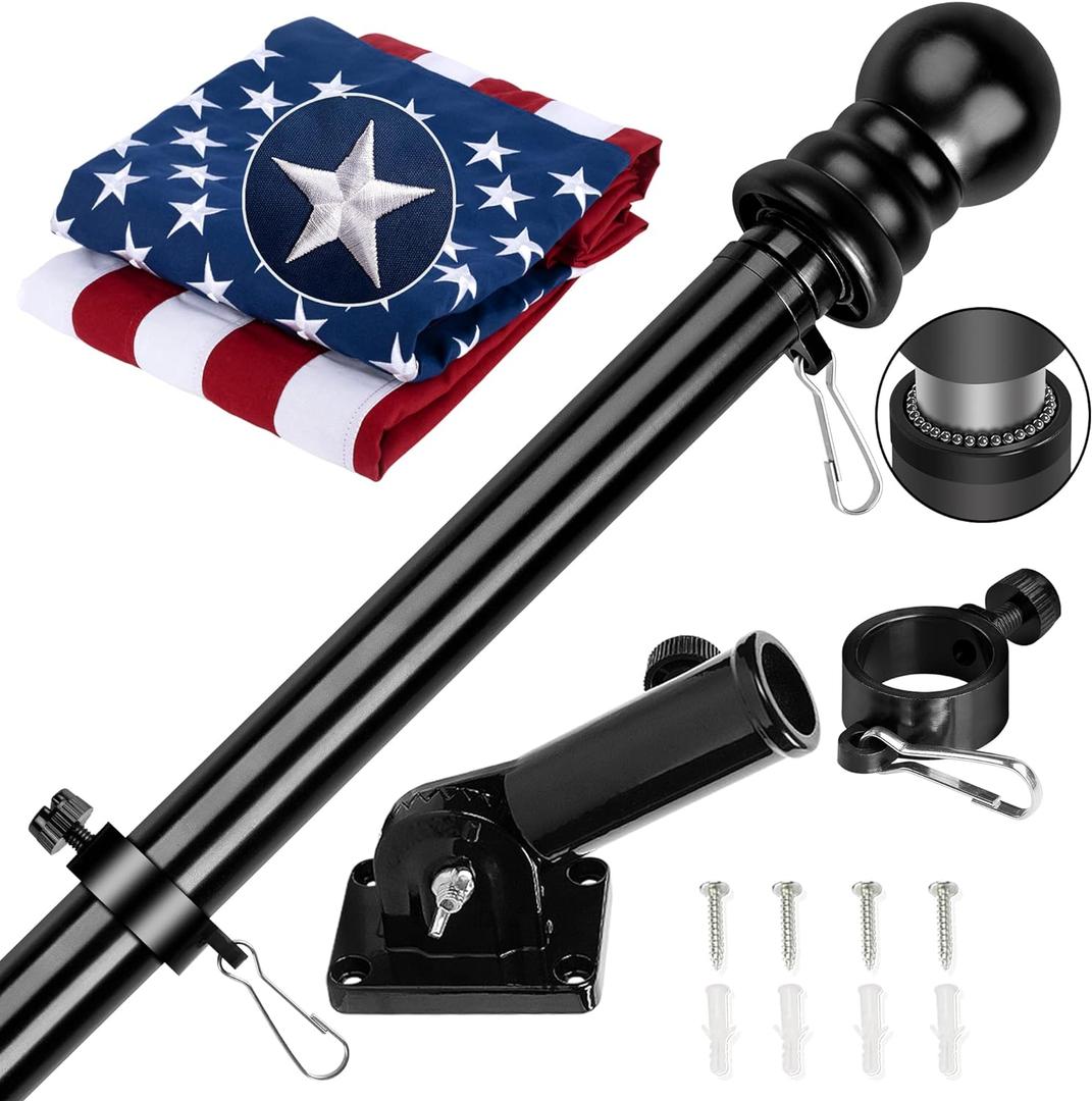 American Flag with Pole for House 3x5 ft US Flags Pole Kit - Embroidered Stars and Sewn Stripes - 6 Ft No Tangle Flagpole Aluminum and 180 Position Flag Pole Bracket-White