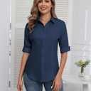 Zeagoo Womens Button Down Shirts 3/4 Sleeve Dress Blouses Business Casual Collared Oxford Tops (Blue, L)