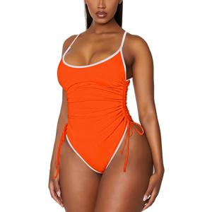Viottiset Women's Ruched Drawstring One Piece Swimsuit Tummy Control High Cut Bathing Suit (Orange) S