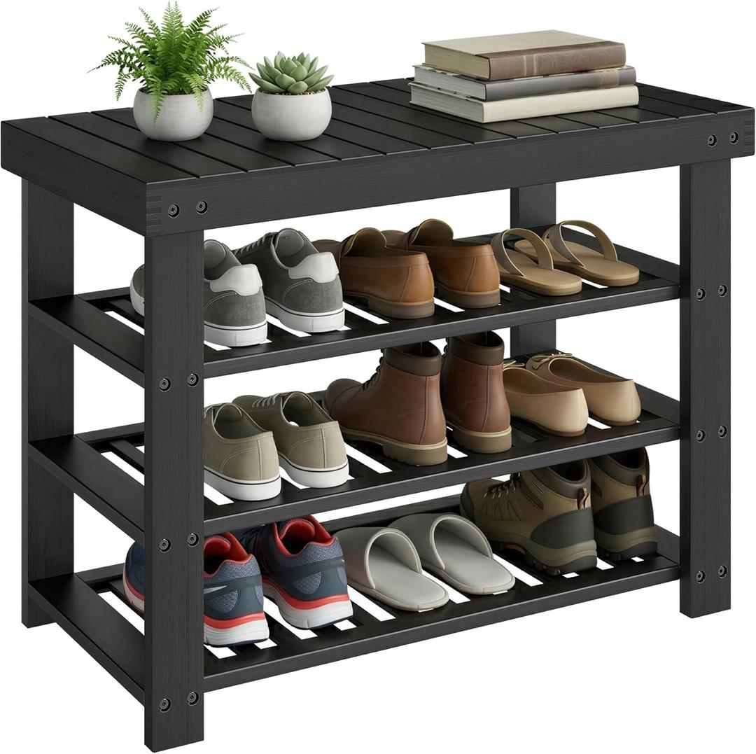 SONGMICS Shoe Rack Bench, 4 Tier Bamboo Shoe Storage Organizer, Entryway Bench, for Living Room, Bathroom, Bedroom, 11.3 x 27.6 x 20.5 Inches, Ink Black 