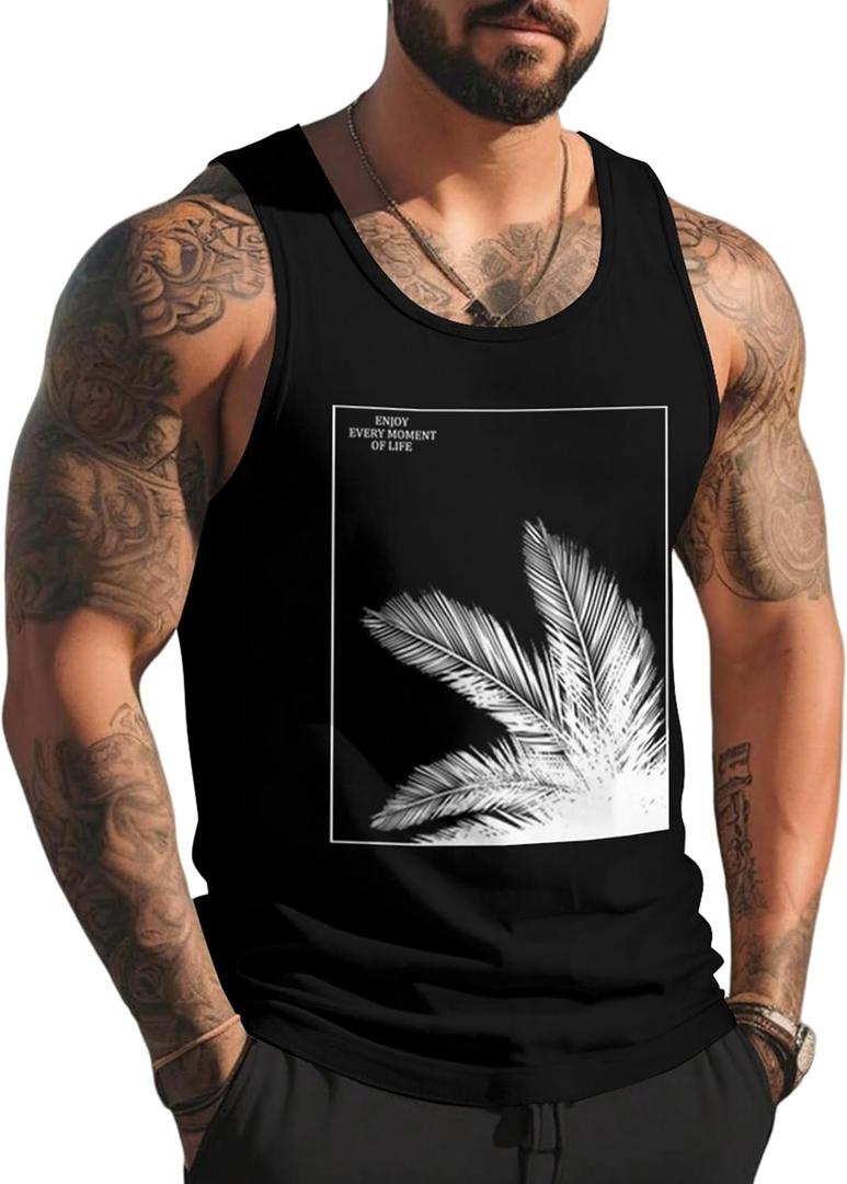 Mens Tank Tops Summer Beach Vacation Sleeveless Shirts Casual Palm Graphic Muscle Gym Workout Tank Top (XX-Large, Black Palm Leaves)