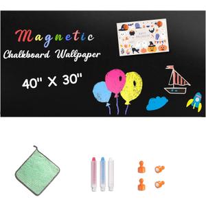 Magnetic Chalkboard Contact Paper for Wall, 40" X 30" Adhesive Blackboard Sticker, Chalk Board Magnet Wall for Kids Playroom Classrooms, Includes Dust-Free Chalks & Wipe Cloth & Magnet Black
